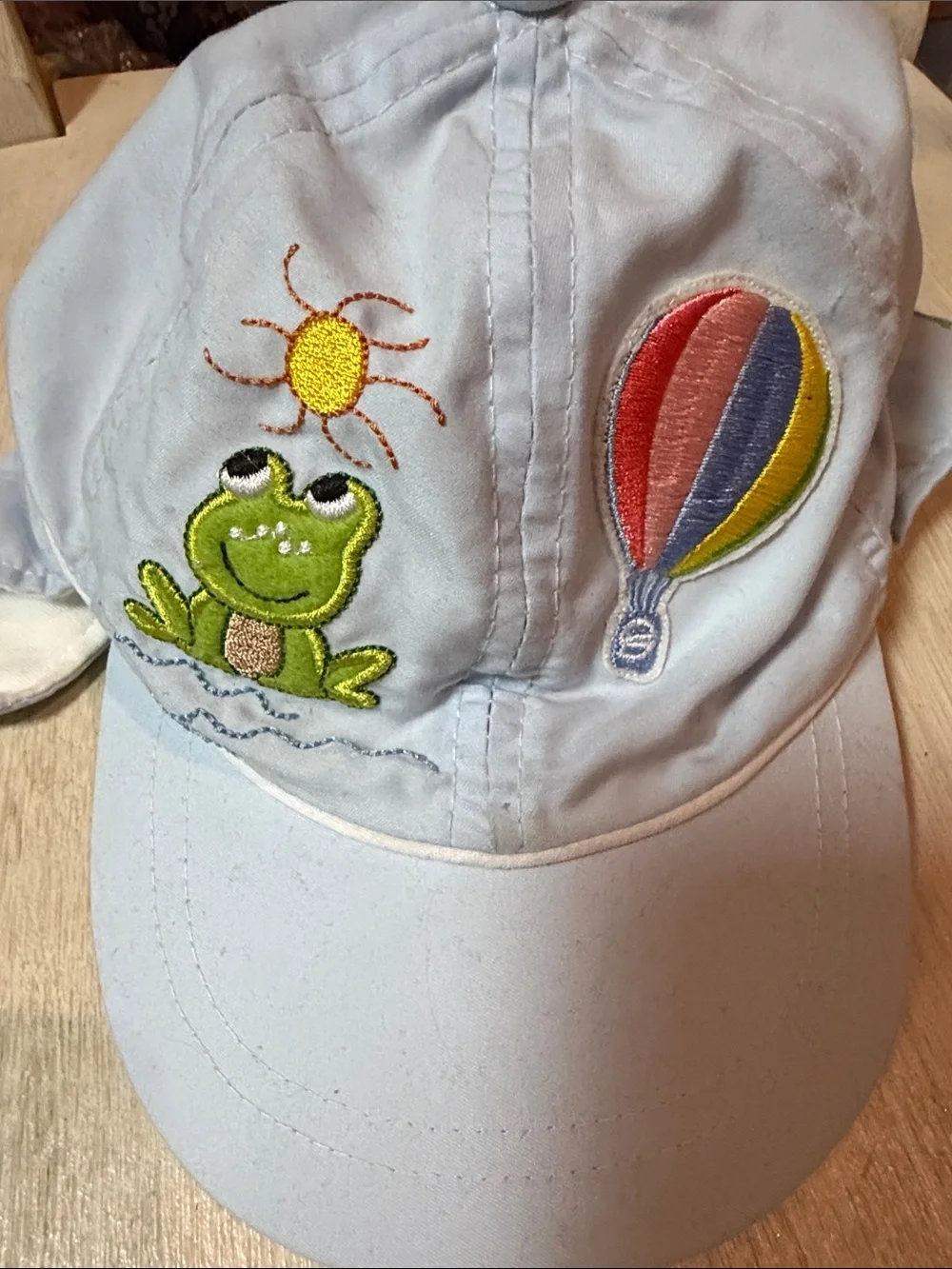 Light Blue Kids Cap with Frog & Hot Air Balloon Embroidery